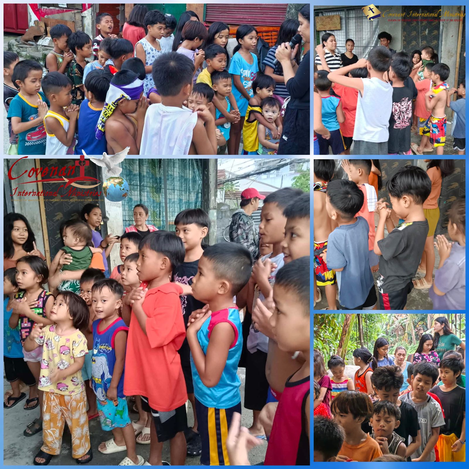 Cultivating Faith — photo collage from a children's ministry session: prayer, worship, and small groups with volunteers