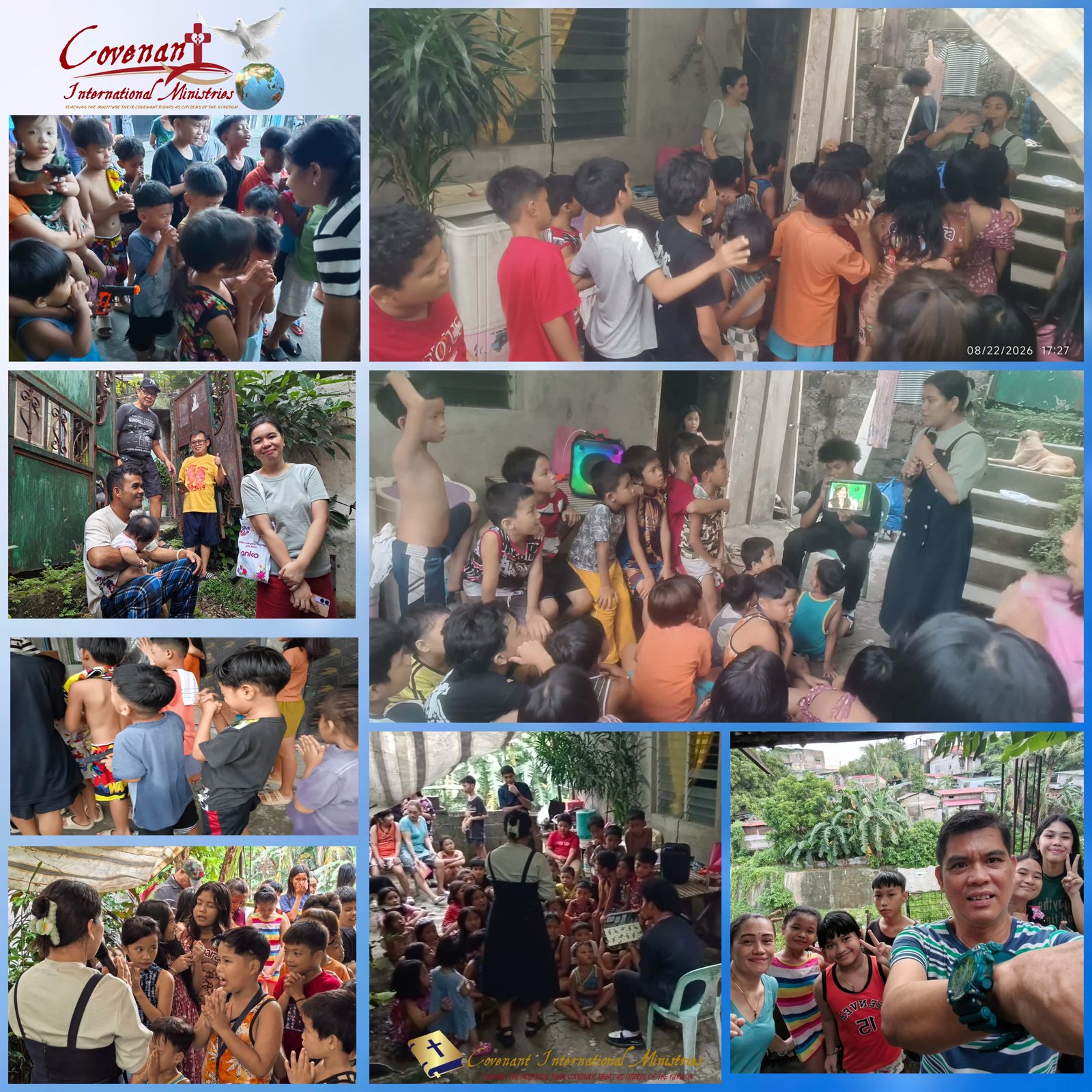Empowering the Next Generation — photo collage from a children's ministry outreach in Dasmariñas, Cavite: prayer, teaching, games, and visits with local families