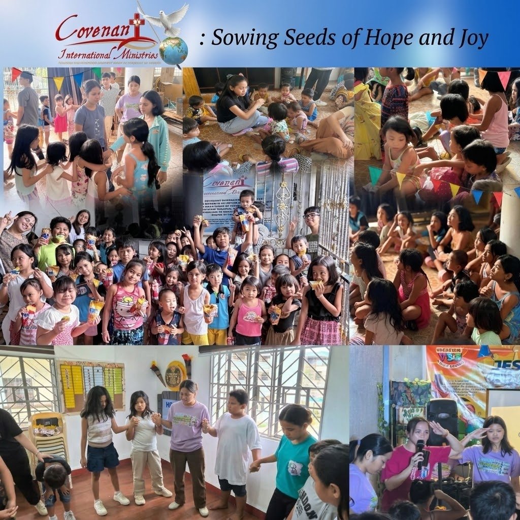 Sowing Seeds of Hope and Joy — photo collage from a children's outreach event: group games, a snack giveaway, and worship activities