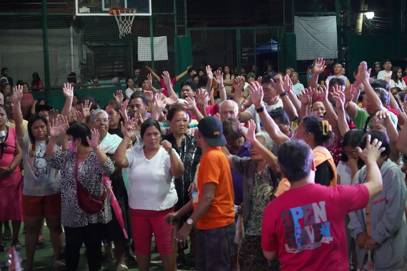 A sea of raised hands from the front of the crowd.